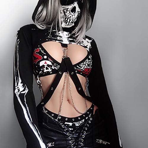 Női Punk Kapucnis Fekete Nyomtatási Hosszú Ujjú Halloween Felső Pulóver