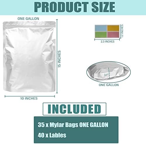 35 Pack 1 Gallon Mylar Táskák Élelmiszer Tárolására Címkékkel(40pcs), Méret 10x15 Mylar Táskák 1 Liter Extra Vastag 4.7 Millió