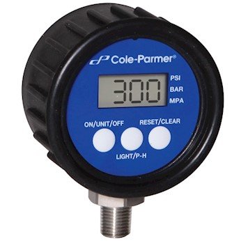Cole-Parmer Digitális nyomásmérő, 0-100 psi, 2.5 Dia, 1/4 NPT(M), Pneumatikus
