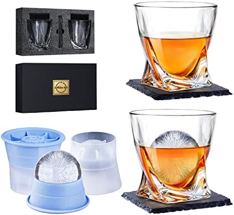 VIDÁMABB ÉLET Whiskys Poharat Jéggel Formák-(2 Kristály Üveg Bourbon,2 Iceball Kávéfőző,2 Alátétek) Ajándék Doboz,Nem-Vezet