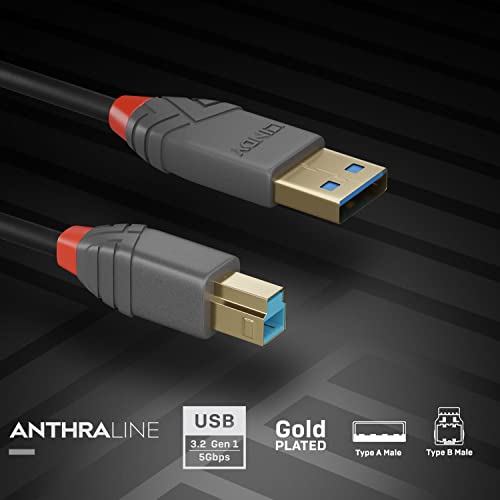 Lindy 36743 3m USB 3.2 Típus B-Kábel, 5Gbps, Anthra Vonal,Fekete