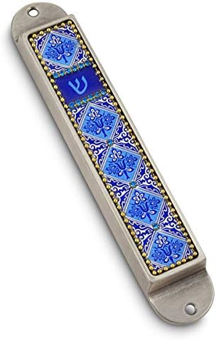 AJDesign Iris Gyűjtemény Kézműves Ón & Zománc Gyöngyös Színes Mezuzah Esetben (Kék - Dávid-Csillag)