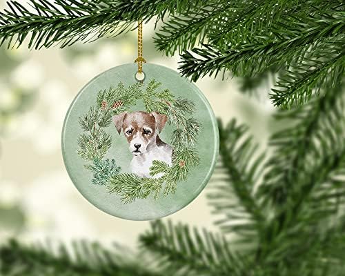 Caroline Kincsek CK8860CO1 Jack Russell Terrier Kiskutya Tricolor Karácsonyi Koszorú Kerámia Dísz, karácsonyfadísz, Lógó