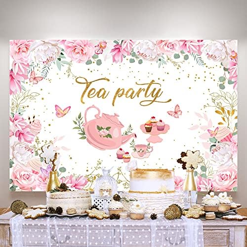 Ticuenicoa 5×3ft Tea Party Hátteret, Tavaszi, Rózsaszín Virágos Pillangó nézzük Partea Fotó Háttér Hercegnő Csodaország Délutáni