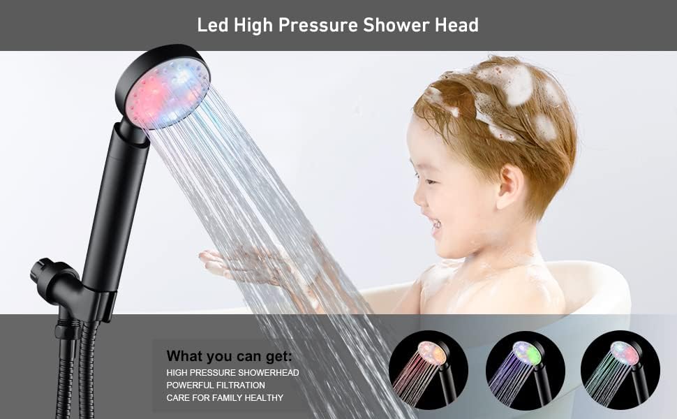 Fekete zuhanyfej Szűrt Led Zuhanyfejjel, 7 Szín, Fény Változás Automatikusan Szűrő Szűrő Kézi Száraz Bőr & Haj