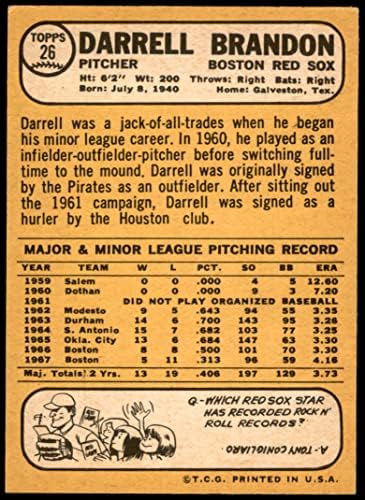 1968 Topps 26 Egy Darrell Brandon Boston Red Sox (Baseball Kártya) (Vissza az Arany Színű) NM Red Sox