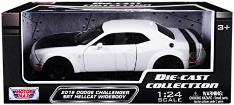 A 2018-as Dodge Challenger SRT Hellcat Widebody Fehér, Fekete, Csuklyás 1/24 Fröccsöntött Modell Autó Motormax 79350