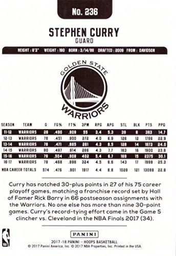 2017-18 Panini NBA Karika 236 István (Steph) Curry Kosárlabda Kártya