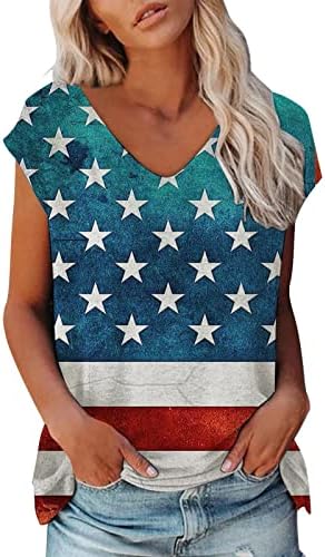 Mély V-Nyakú Felsők Tini Lányok Rövid Ujjú USA Zászló Grafikai Balek Vékony Tunika Társalgó Maximum Fűző póló Női